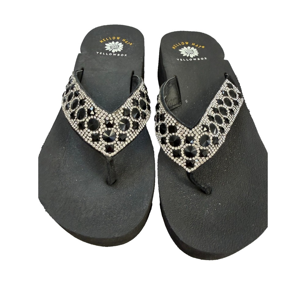 Yellow Box Rise Wedge Sandals Black Rhinestones Women's Size 9M